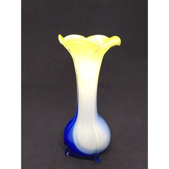 Art glass vase tulip floral style yellow blue swirl Bud Vase 8" - Picture 1 of 12